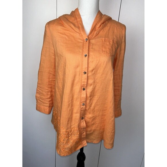 Issi Mixmind Hooded Button Front Shirt Women’s Embroidered Linen? Sz M? Pocket - Picture 1 of 9